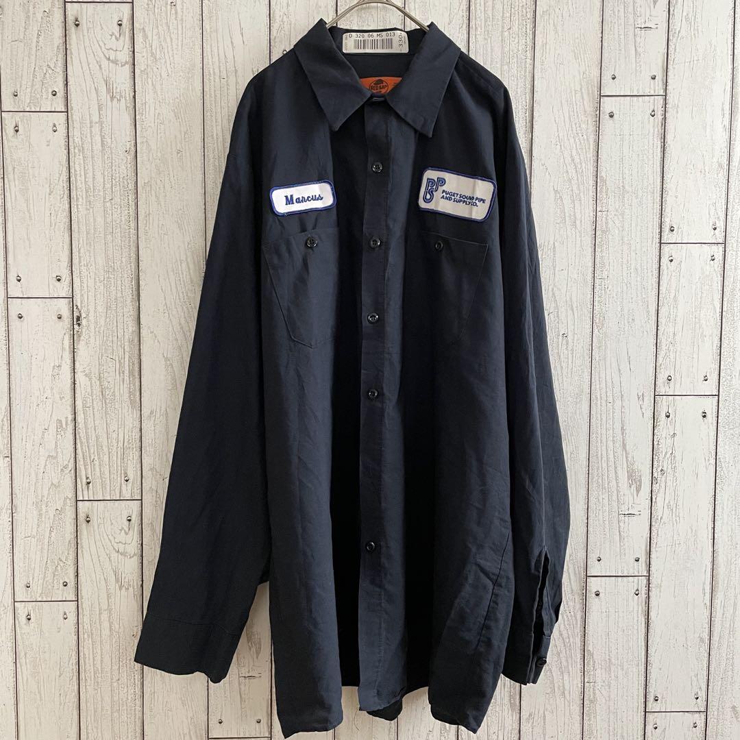 【美品】RED KAP メンズ 長袖ワークシャツ XLサイズ ネイビー