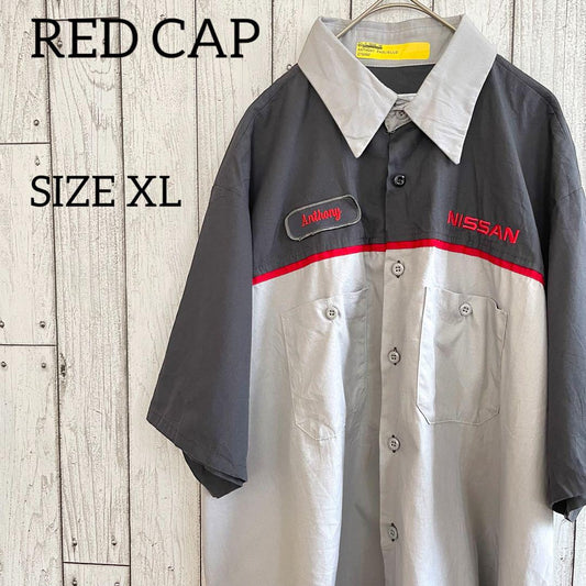 【美品】REDKAP レッドキャップ 半袖 ワークシャツ 日産刺繍入り グレー系