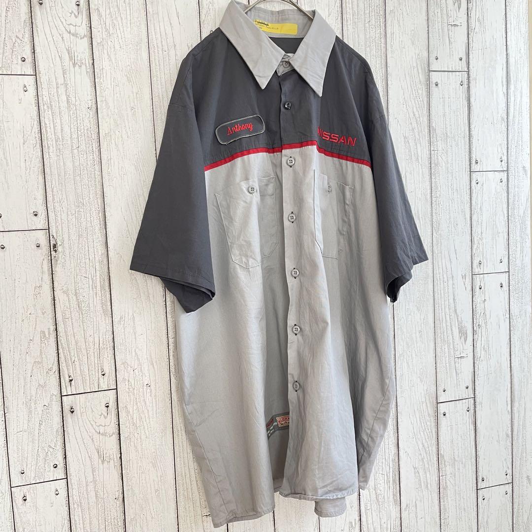 【美品】REDKAP レッドキャップ 半袖 ワークシャツ 日産刺繍入り グレー系