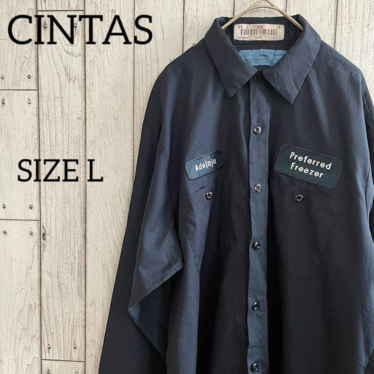 【美品】CINTAS シンタス 長袖ワークシャツ Lサイズ ネイビー