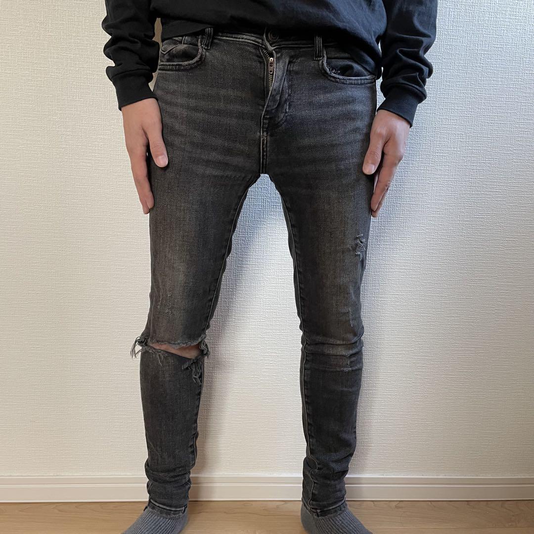 【美品】ZARA ザラ ダメージデニムパンツ メンズ 34サイズ ブラック